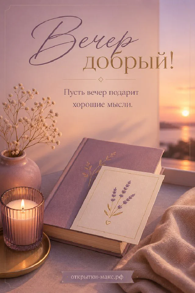 Горящая сиреневая свеча на золотом блюдце, лиловая книга с закладкой и акварельная открытка с закатом на столе — вариант 5