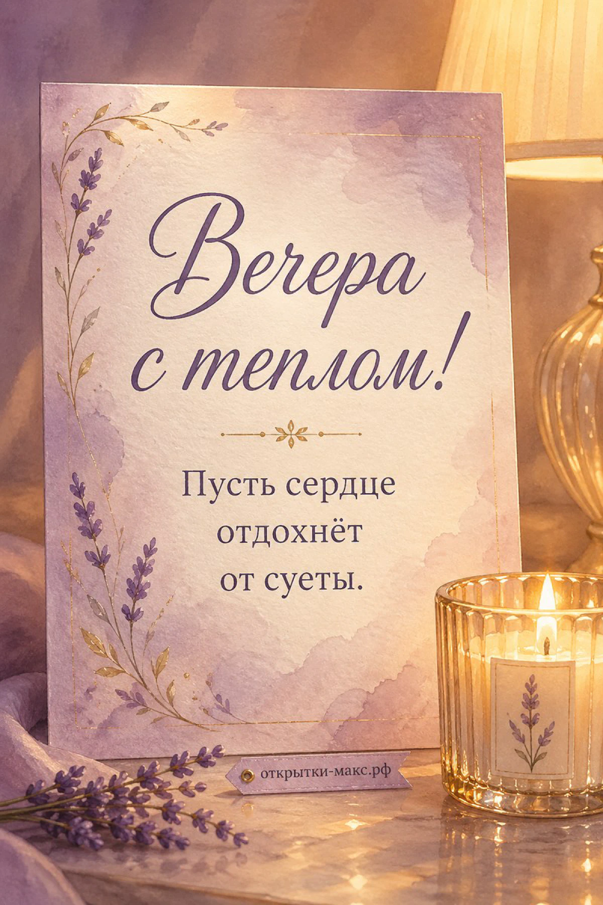 Акварельная открытка с горящей свечой и лавандовым букетом на золотистом фоне