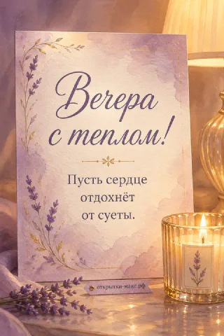 Акварельная открытка с горящей свечой и лавандовым букетом на золотистом фоне