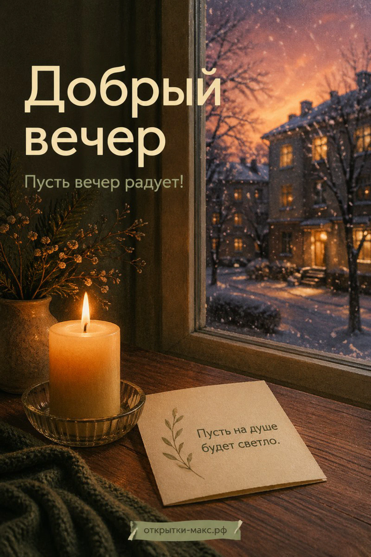 Горящая свеча на подоконнике с видом на зимний снегопад и освещённый дом среди деревьев вечером