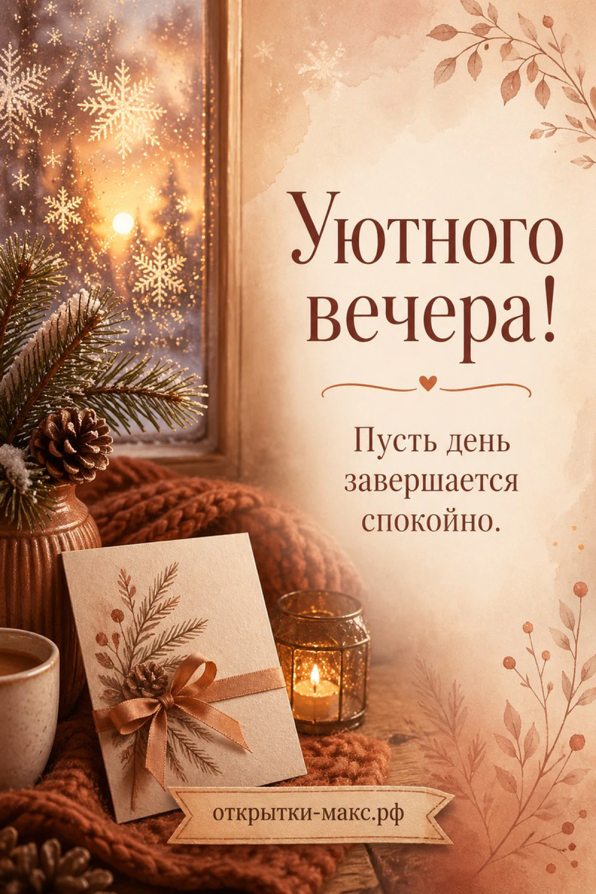 Горящая свеча в стеклянном подсвечнике с еловыми ветками и снегом за окном