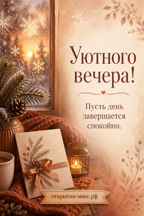 Горящая свеча в стеклянном подсвечнике с еловыми ветками и снегом за окном