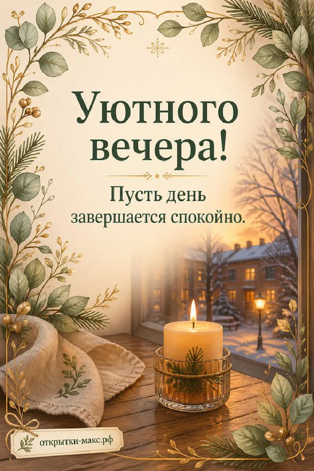 Горящая свеча в стеклянном подсвечнике с еловыми ветками и снегом за окном — вариант 4