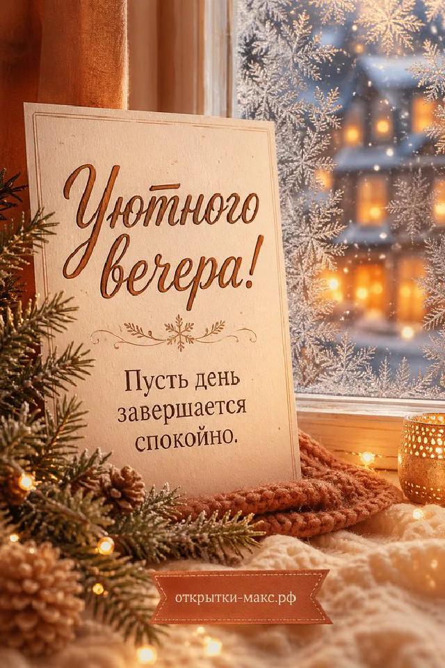 Горящая свеча в стеклянном подсвечнике с еловыми ветками и снегом за окном — вариант 5