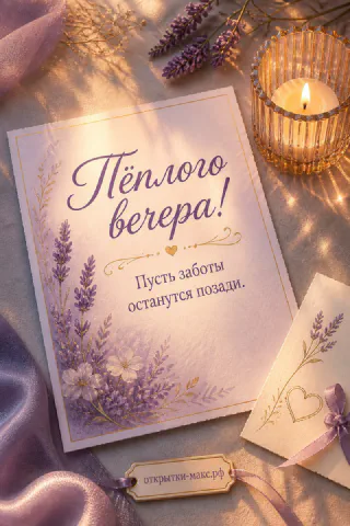 Большая карточка «Тёплого вечера!» с лавандой на лиловом шёлке, свеча в хрустальном стакане и маленькая открытка с лавандой