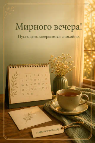 Настольный перекидной календарь «Мирного вечера!» на зелёной подставке, кружка чая и вазочка с сухими жёлтыми цветами