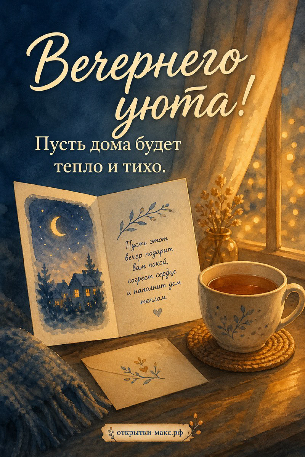 Акварельный стол с открытой книгой с ночным домиком, кружкой чая с растительным узором и вазочкой с сухоцветами