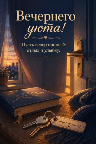 Тёмно-синяя книга с золотым узором и ключами у открытой двери с вечерним городским закатом и синий вязаный плед