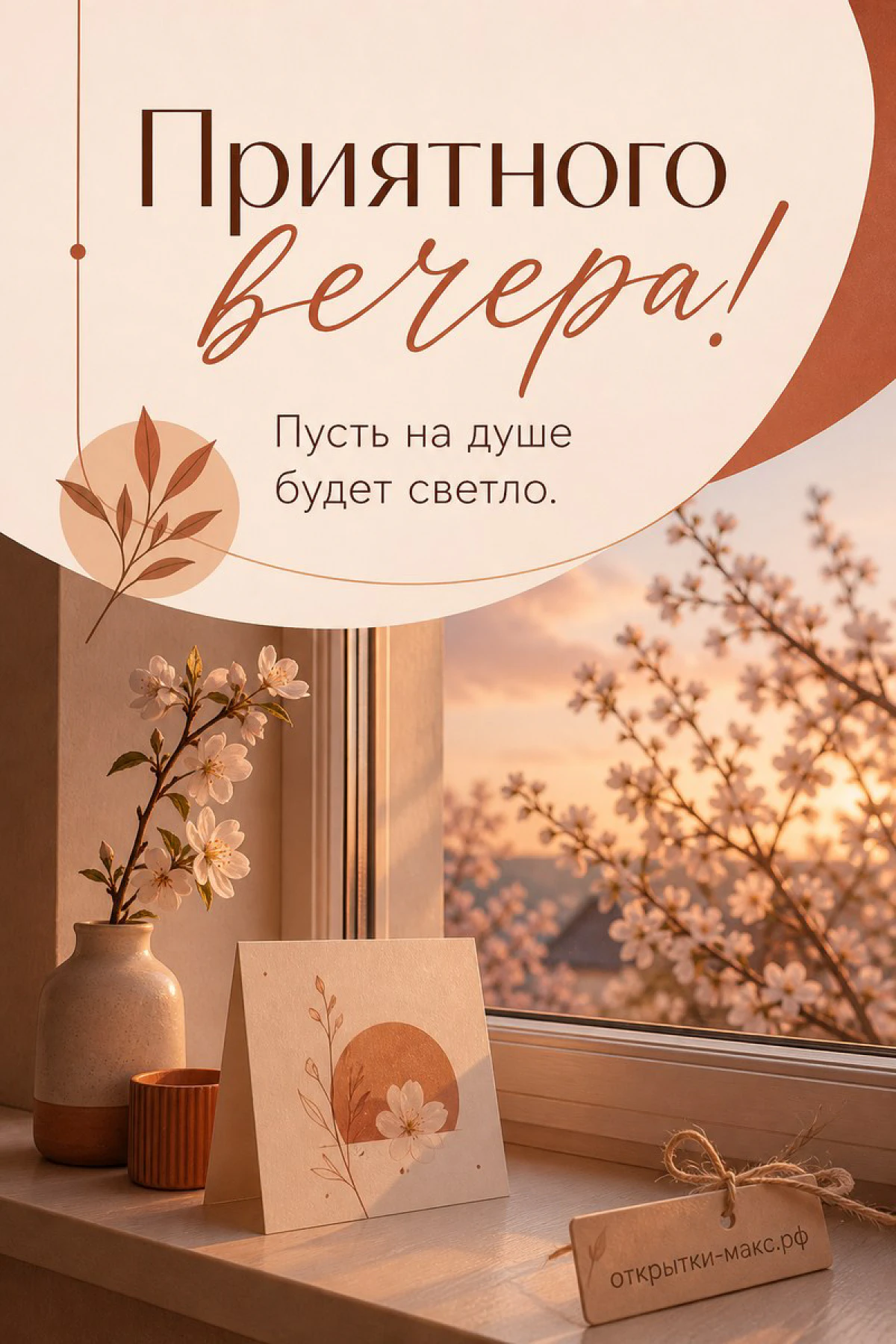 Цветущие ветки вишни за окном с закатным светом, акварельная карточка с цветком и деревянная ваза
