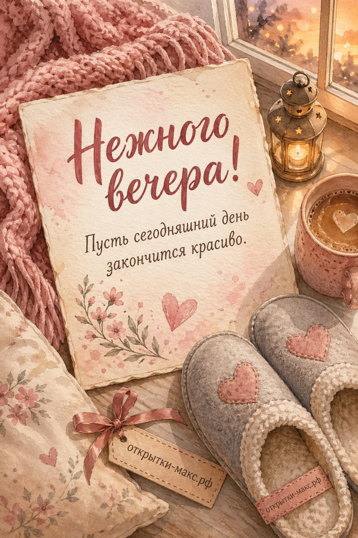 Акварельная карточка «Нежного вечера!» с цветочным рисунком, серые тапочки с розовым сердечком и маленький фонарь