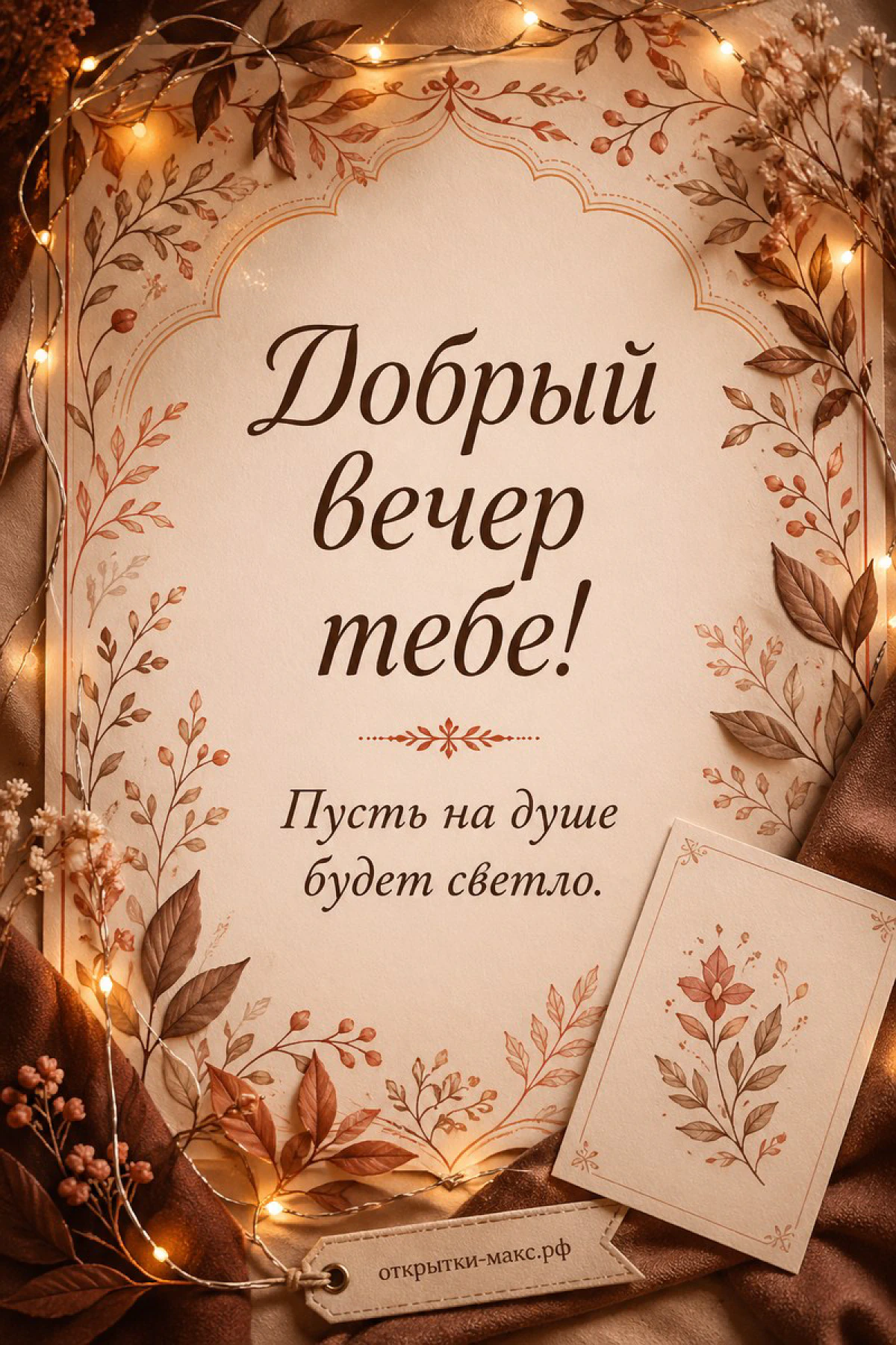 Нежная рамка с осенними рыжими листьями и гирляндой огоньков, маленькая карточка с ботаническим рисунком