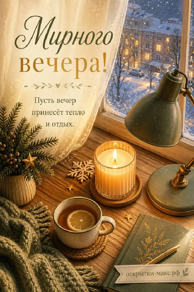 Горящая свеча и кружка с горячим напитком на подоконнике у окна с видом на заснеженный парк и уличный фонарь вечером — вариант 6