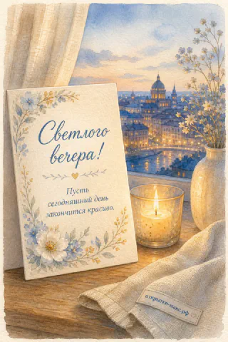 Акварельная карточка с белым цветком, горящая свеча и вечерний город с куполами за окном