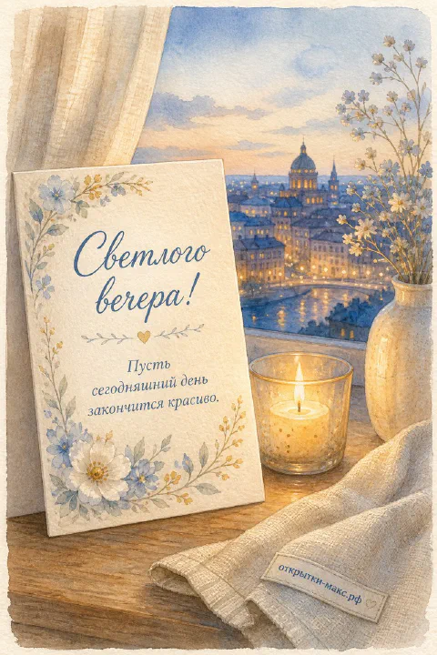 Акварельная карточка с белым цветком, горящая свеча и вечерний город с куполами за окном