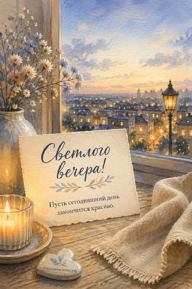 Акварельная карточка с белым цветком, горящая свеча и вечерний город с куполами за окном — вариант 2