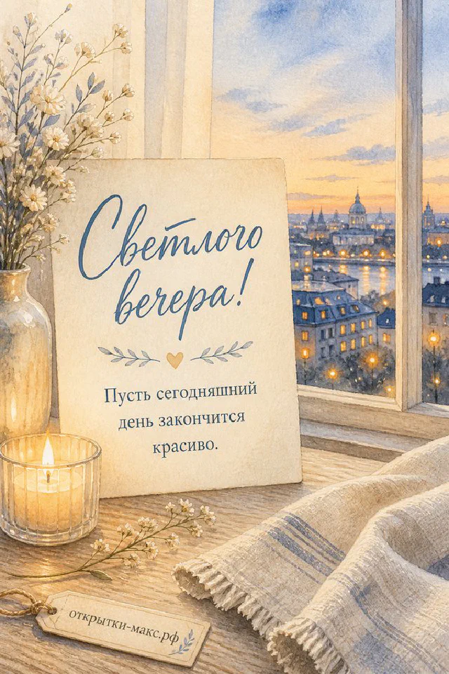 Акварельная карточка с белым цветком, горящая свеча и вечерний город с куполами за окном — вариант 3