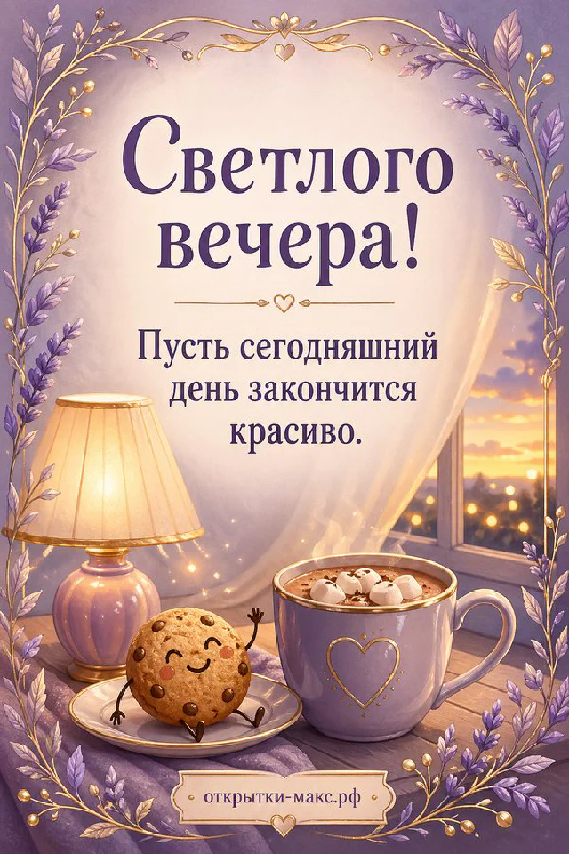 Акварельная карточка с белым цветком, горящая свеча и вечерний город с куполами за окном — вариант 4