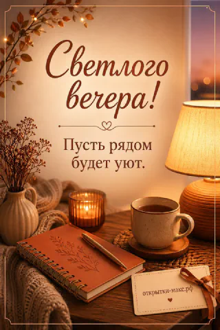 Чашка чая и настольная лампа на столе рядом с вязаным пледом и блокнотом, открытка добрый вечер