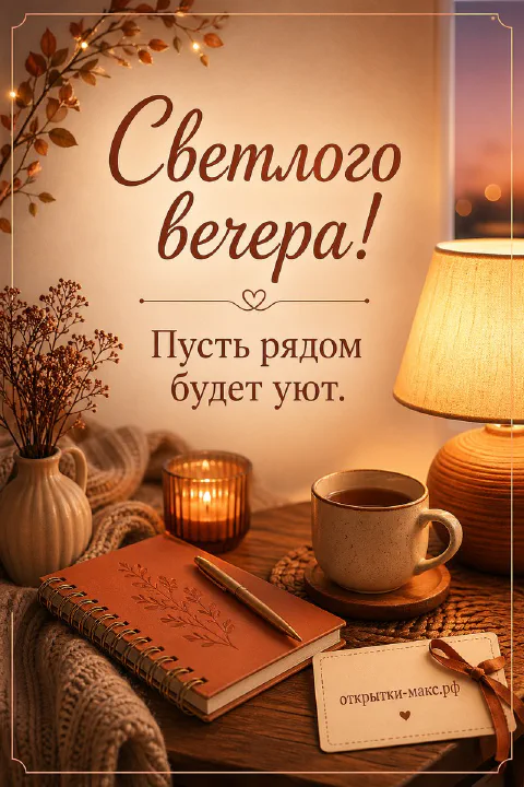 Чашка чая и настольная лампа на столе рядом с вязаным пледом и блокнотом, открытка добрый вечер