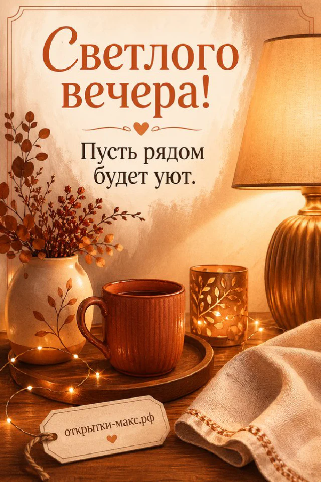 Чашка чая и настольная лампа на столе рядом с вязаным пледом и блокнотом, открытка добрый вечер — вариант 2