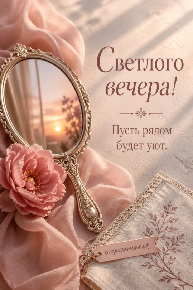 Чашка чая и настольная лампа на столе рядом с вязаным пледом и блокнотом, открытка добрый вечер — вариант 5