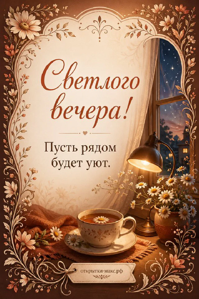 Чашка чая и настольная лампа на столе рядом с вязаным пледом и блокнотом, открытка добрый вечер — вариант 8