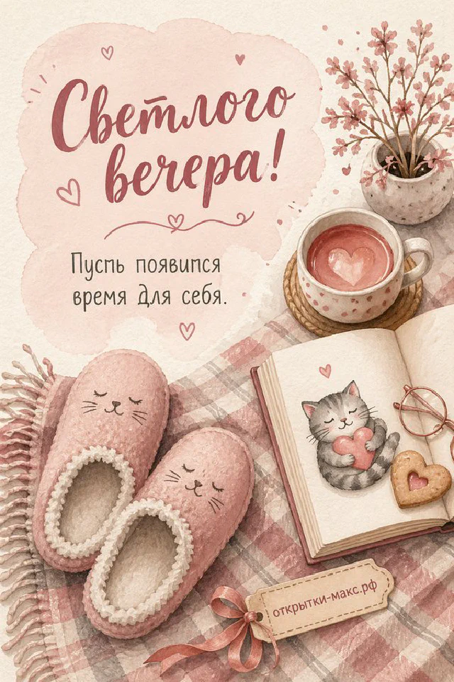 Раскрытая книга с текстом пожелания, синяя чашка чая и огни ночного города за окном — вариант 2