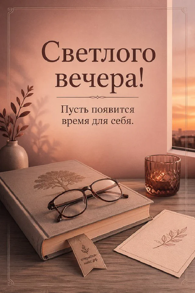 Раскрытая книга с текстом пожелания, синяя чашка чая и огни ночного города за окном — вариант 3