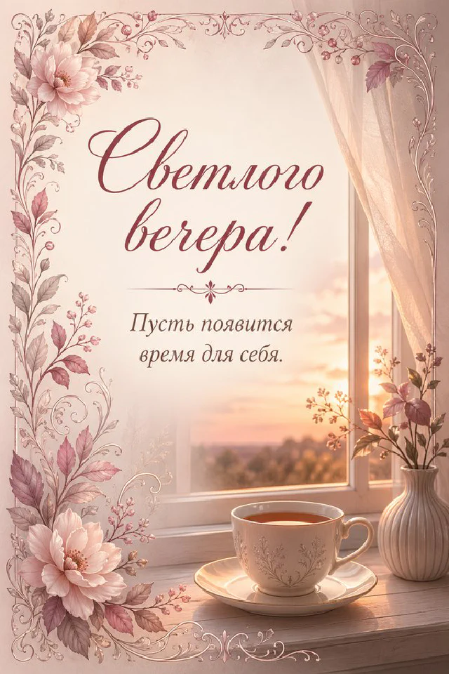 Раскрытая книга с текстом пожелания, синяя чашка чая и огни ночного города за окном — вариант 4