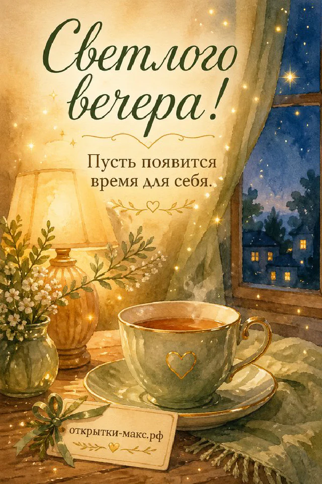 Раскрытая книга с текстом пожелания, синяя чашка чая и огни ночного города за окном — вариант 6