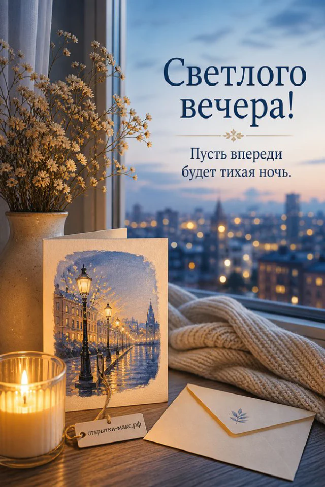Открытка с синими полевыми цветами и чашка чая у окна с видом на закат над рекой и городские огни — вариант 2