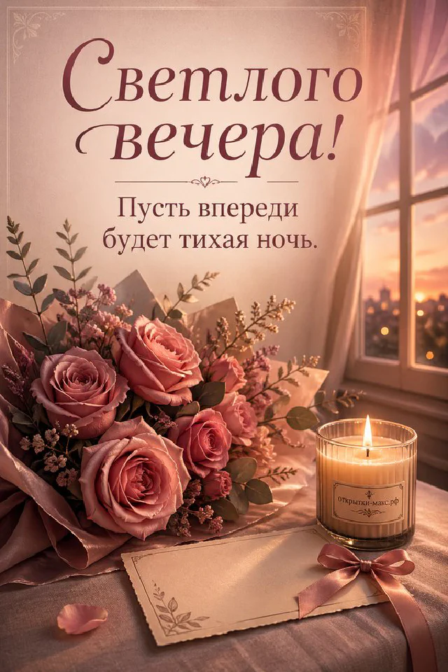 Открытка с синими полевыми цветами и чашка чая у окна с видом на закат над рекой и городские огни — вариант 3