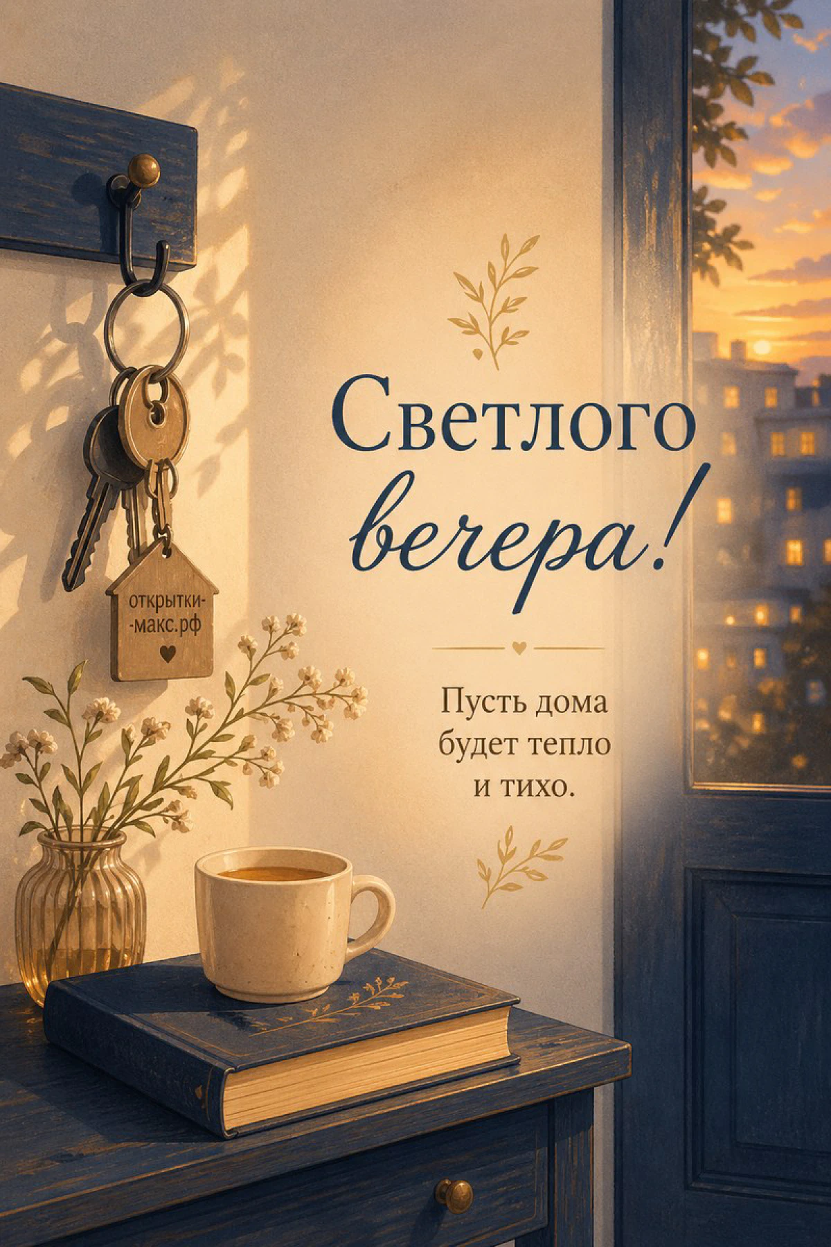 Ключи на крючке, книга и чашка чая на тумбочке, вечерний город за окном, открытка добрый вечер