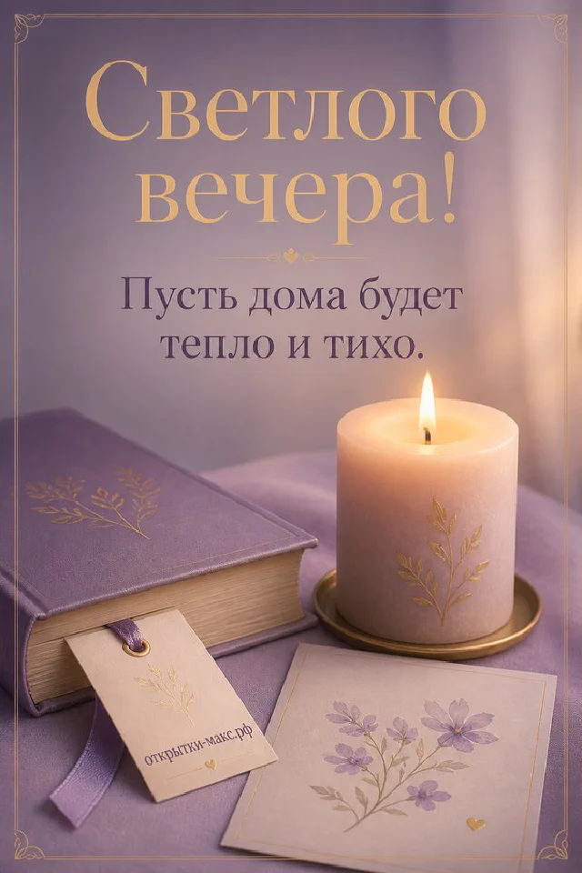 Ключи на крючке, книга и чашка чая на тумбочке, вечерний город за окном, открытка добрый вечер — вариант 2