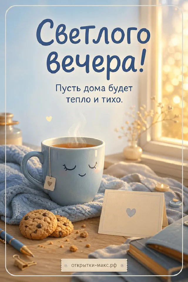 Ключи на крючке, книга и чашка чая на тумбочке, вечерний город за окном, открытка добрый вечер — вариант 4
