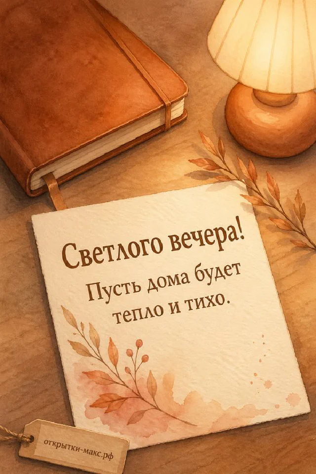Ключи на крючке, книга и чашка чая на тумбочке, вечерний город за окном, открытка добрый вечер — вариант 5