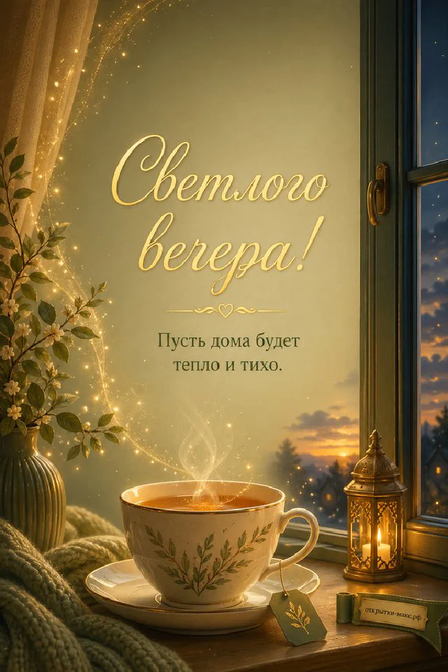 Ключи на крючке, книга и чашка чая на тумбочке, вечерний город за окном, открытка добрый вечер — вариант 6