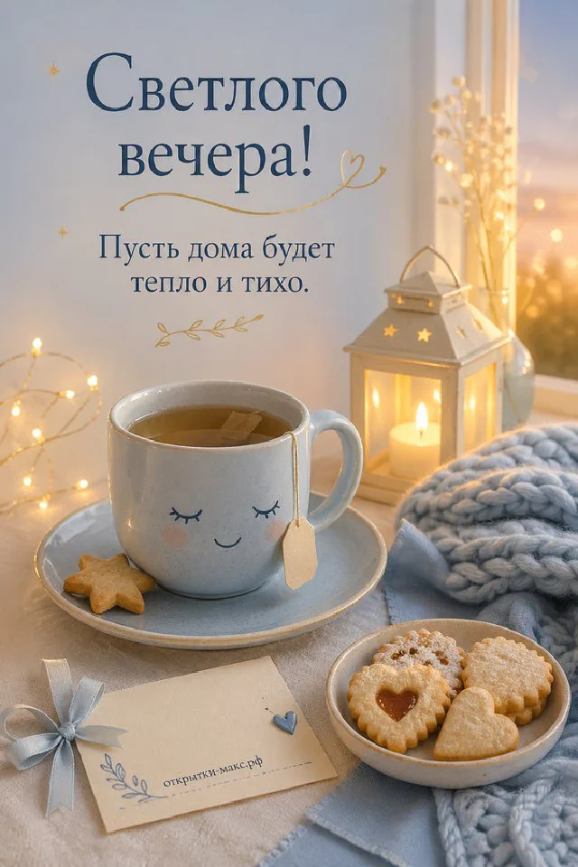 Ключи на крючке, книга и чашка чая на тумбочке, вечерний город за окном, открытка добрый вечер — вариант 7
