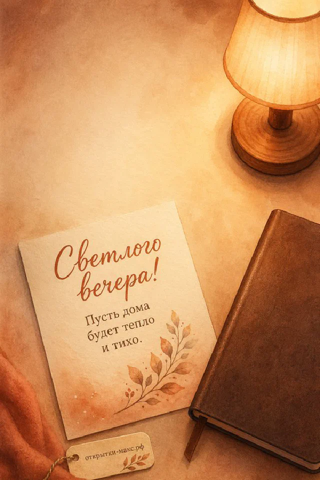 Ключи на крючке, книга и чашка чая на тумбочке, вечерний город за окном, открытка добрый вечер — вариант 8