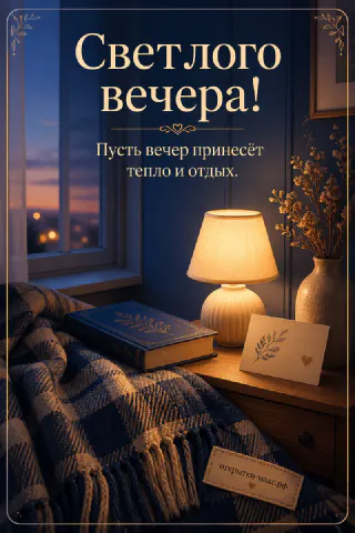 Тёмный спальный интерьер с настольной лампой, книгой на пледе и открыткой на прикроватной тумбочке