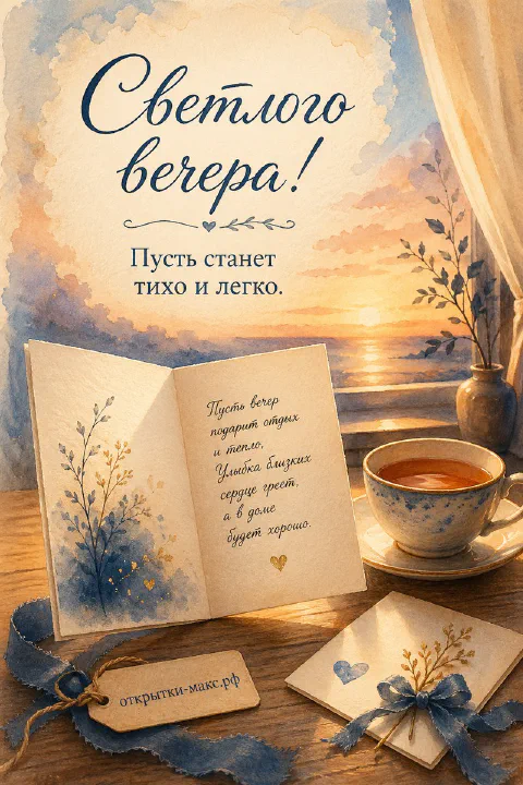 Раскрытая книга с рукописным пожеланием, чашка чая и голубые цветы на фоне закатного моря