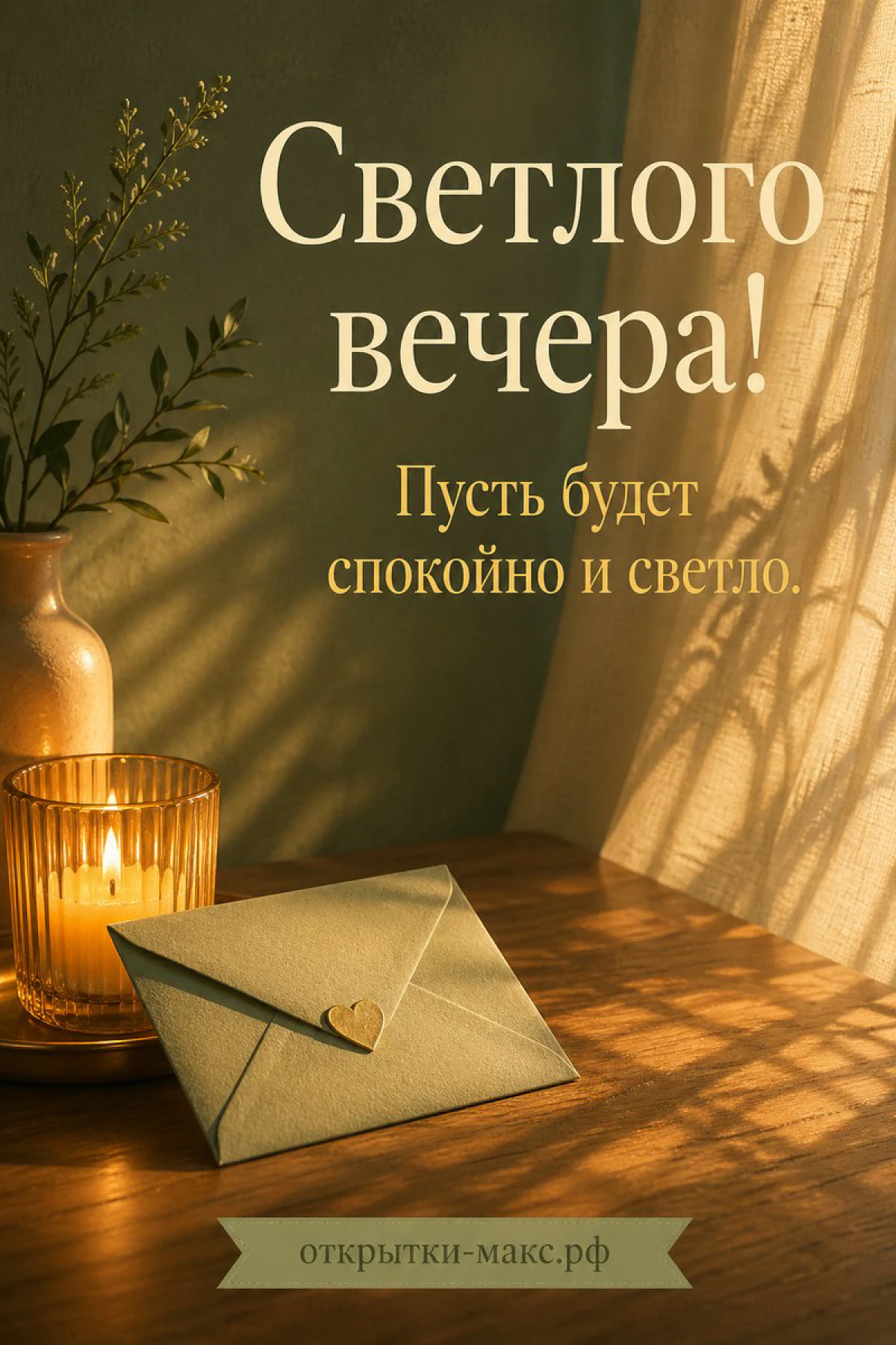 Крафтовый конверт с золотым сердечком и горящая свеча на деревянном столе у стены в оливковых тонах