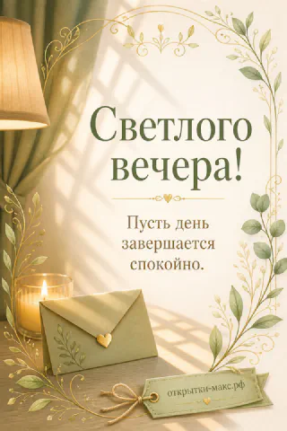 Открытка добрый вечер с бежевым конвертом, горящей свечой и зелёными листьями на светлом фоне