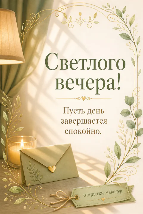 Открытка добрый вечер с бежевым конвертом, горящей свечой и зелёными листьями на светлом фоне