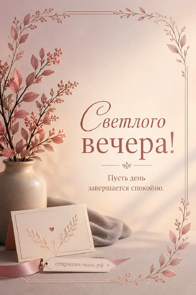 Открытка добрый вечер с бежевым конвертом, горящей свечой и зелёными листьями на светлом фоне — вариант 2