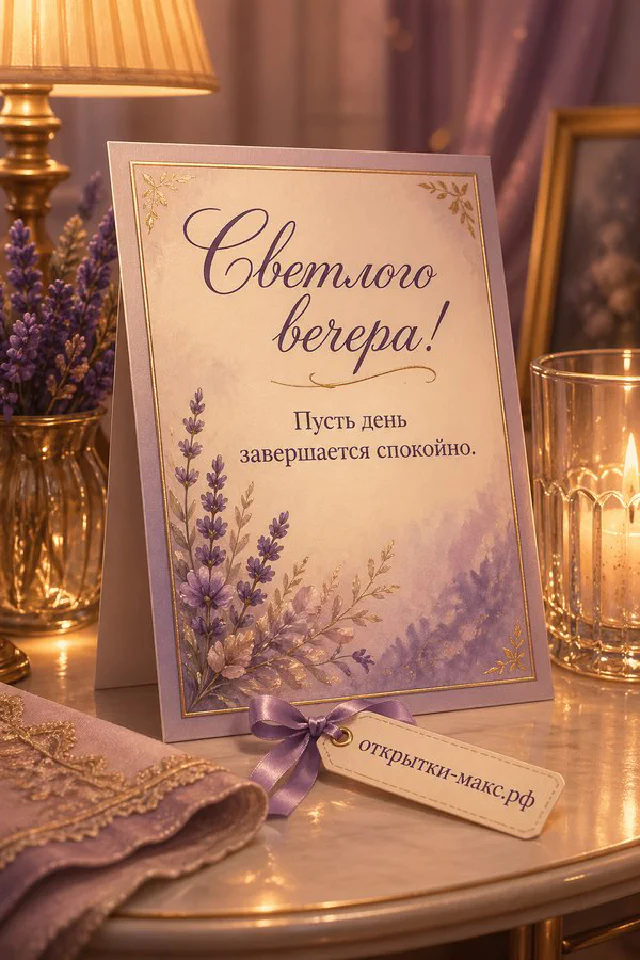 Открытка добрый вечер с бежевым конвертом, горящей свечой и зелёными листьями на светлом фоне — вариант 4
