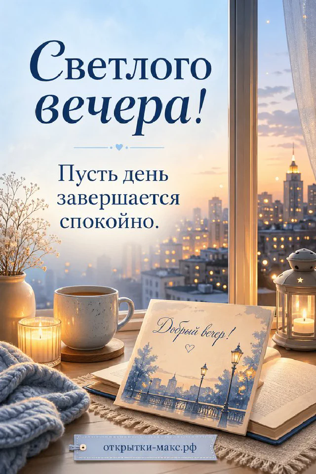 Открытка добрый вечер с бежевым конвертом, горящей свечой и зелёными листьями на светлом фоне — вариант 5