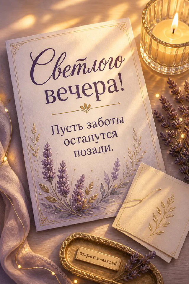 Настольная лампа с оранжевым светом над кожаным дневником на столе, открытка добрый вечер — вариант 3
