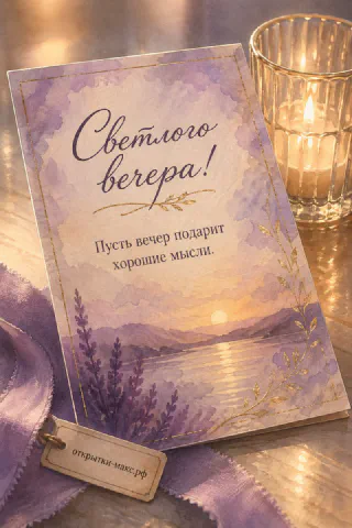 Открытка-карточка с лавандовым закатом лежит на столе рядом с горящей свечой в гранёном стакане