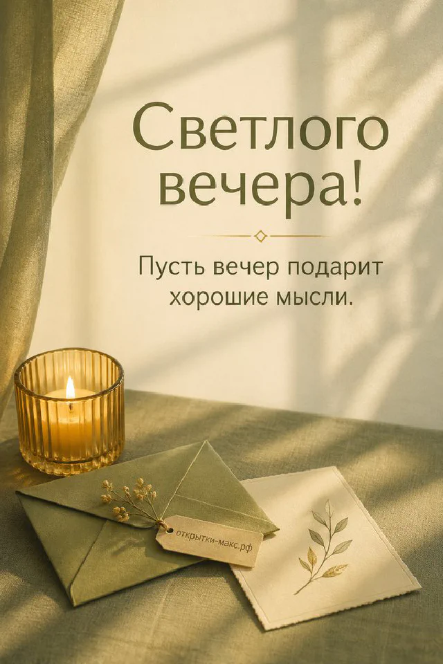 Открытка-карточка с лавандовым закатом лежит на столе рядом с горящей свечой в гранёном стакане — вариант 5